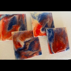 Set of 4 Hand-Painted Tye Dye Glazed Tile Coasters Red,White&Blue.  USA Made
